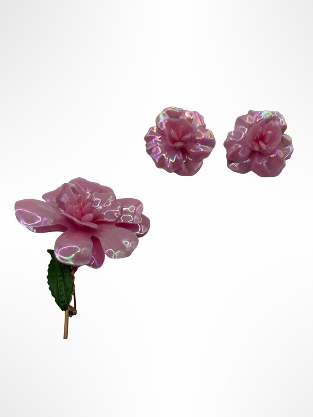 1950s Signed Austria Pink Lucite Rose Brooch & Clip-On Earrings Demi Parure
